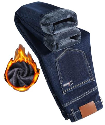 Beokeuioe Männer Winterhose Thermojeans Herren Thermo Business Hose Gerade Bein Thermohose Fleecefutter Jeans Slim Fit Stretch Jeanshosen Männer Denim Hosen Gefüttert Arbeitshose