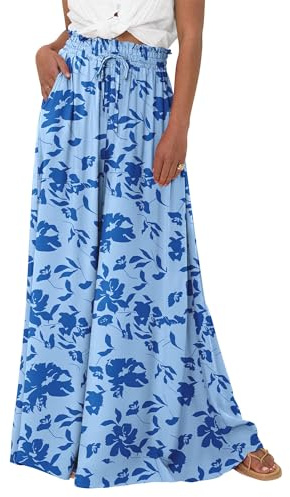 EIRUKON Pantalones Mujer Anchos Verano Ligeros Comodos Pantalones Palazzo Elásticos de Cintura Alta Pantalon Baggy Boho Casual Pantalón con Bolsillos,Azul,XXL