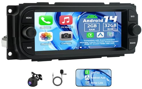 Slakerbe Android 14 Autoradio con Carplay Android Auto Compatibile con Grand Cherokee Wrangler Liberty Chrysler Grand Voyager 300M PT Cruiser RAM 1500 2500, 2G+32G 6.86 Pollici Car Audio con WiFi FM