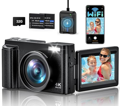 4K 64MP Digital Camera with WiFi, 180° Flip Screen, 16X Digital Zoom, Vlogging Camera for YouTube with Flash, Compact Camera with 32GB SD Card, 2 Batteries