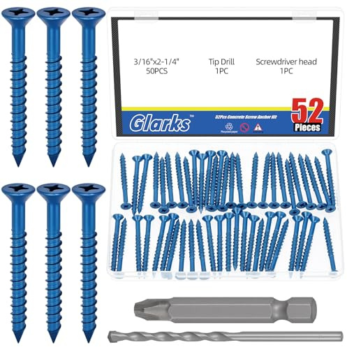 Glarks 52pcs 3/16’’ x 2-1/4’’ Cross Flat Head Concrete Screw Anchor Kit, Blue Heavy-Duty Cement Screws with Drill Bit and PH2 Bit for Anchoring to Masonry, Block, Brick, Cement