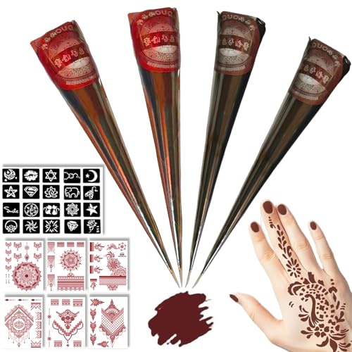 Henna Tattoo Set - 2x Braun Und 2x Rot Henna Paste Mit 20 Schablonen Und 6 Aufkleber, Henna Braun Sommersprossen, Henna Farbe, Henna Rotbraun, Sommersprossen Henna, Henna Freckles