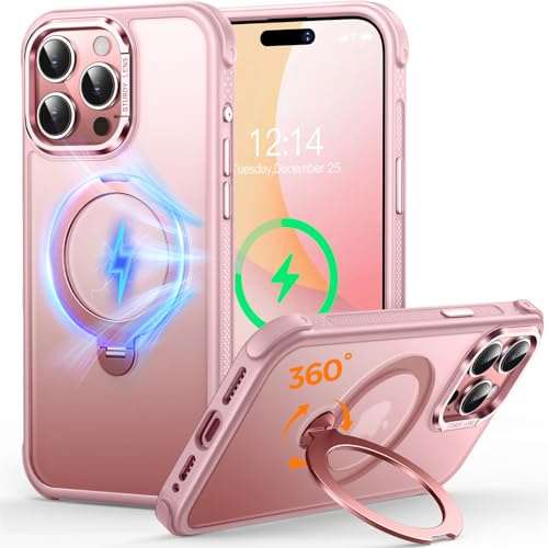 Custodia O3 Mag-Stand per iPhone 15 Pro Max con Supporto a 360°,[Compatibile con MagSafe][Eccezionalmente Delicata Sulla Pelle] Sottile Eopaca Magnetica Traslucida 6,7, Rosa Opaco