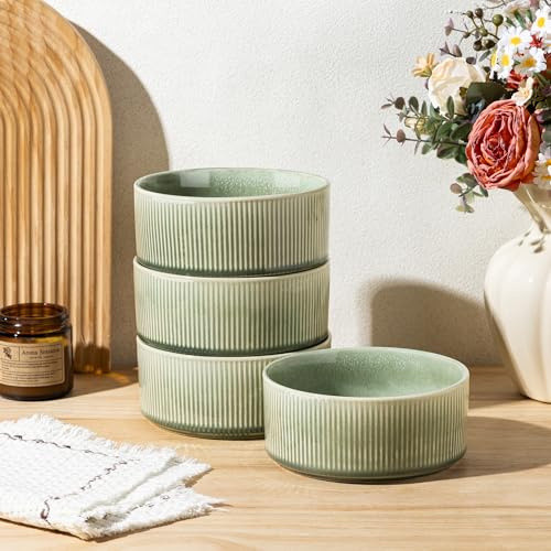 GBhome Stengods flingskålar set med 4, handgjorda keramiska skålar set för frukostsoppsallad, eleganta köksskålar för måltider, säker för diskmaskin och mikrovågsugn, reaktiv glasyr – tyst grön