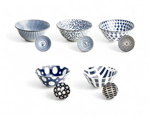 Japan-skålar ASIATICA – set med 5 stycken | Ramenskål porslinsskålar 15 cm | högkvalitativ asiatisk skål för ris, nudlar, tapas, udon, müsli – soppskålar set med japan mönster (Seigaiha Mono)