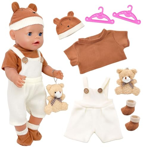 7 Stück Puppenkleidung für 36-43 cm New Born Baby Puppe, Braune Puppen Kleidung mit Oberteil Latzhose Mütze Socken 1 Bären 2 Kleiderbügel, Puppenzubehör für Babypuppe 14–17 Zoll Kinder Geschenke