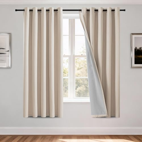 H.Versailtex 100% Blackout Curtains 2 Panels Soft Texture Sun Blocking Thermal Eyelet Curtains for Bedroom Living Room, Vertical Blinds Short Curtains, 46 Width x 54 Drop, Sand