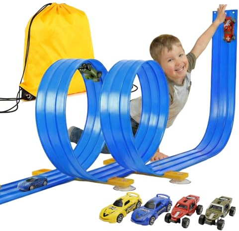 3-Spur Flexible Autorennbahn Set mit 2 Loopings (5M), Rennbahn mit Autos & Tragtasche, Schwerkraft & Pull-Back Rennstrecke, Soft Rennbahn Spielzeug für Kinder ab 3 4 5 6 Jahre (Blau)
