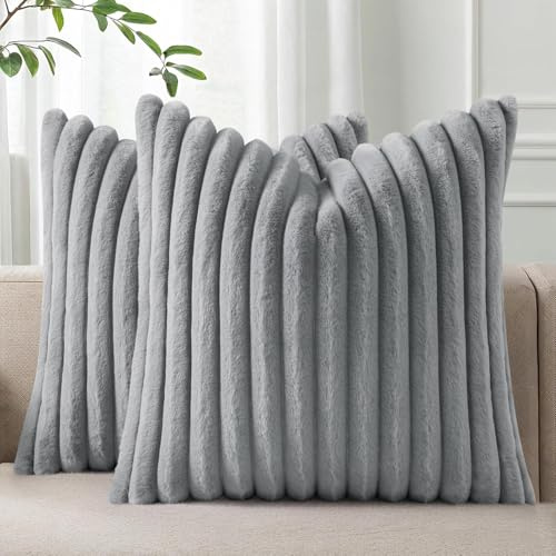 Homaxy Kunstfell Kissenbezug 60x60 2er Set, Grau | Deko Weich Flauschige Gestreift Kissenhülle, Plüsch Sofakissen Dekokissen Couchkissen für Wohnzimmer Schlafzimmer Sofa
