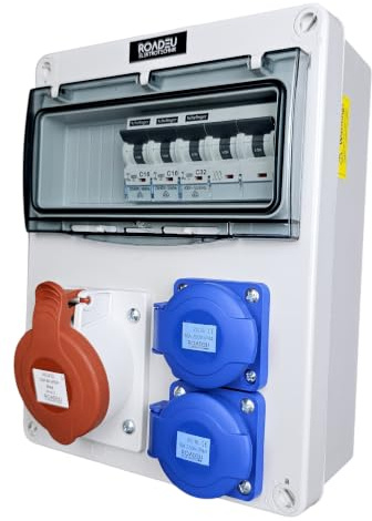 RoadEu Quadro elettrico da cantiere 400V IP44 CEE 32A 2x Schuko | Magnetotermici C32A 3P/C16A 1P certificati VDE, cablaggio 6 mm² / 2,5 mm², precablato