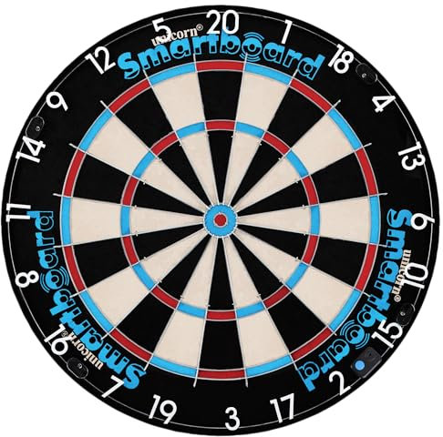 Unicorn Electronic Dartboard | Smartboard | Traditional Sisal Bristle | Connects to Bluetooth Scorebuddy App | includes 6 Steel Tip Darts, Blue/Red/White