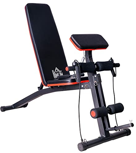 HOMCOM Panca Multifunzione con Schienale Regolabile a 7 Livelli per Addominali, Panca Palestra Pieghevole con Macchina per Estensione delle Gambe, Cuscinetto, Banda di Resistenza, per Home Gym Casa