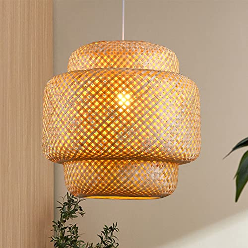Karjearl Bamboo Pendant Light - Boho Basket Chandelier Handmade Woven Pendant Light, Natural Wicker Rattan Hanging Chandelier for Kitchen Island Dining Room Living Room Porch