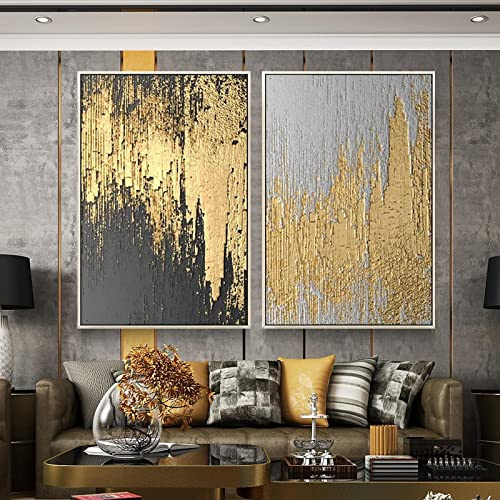 Jianghu Art Gold Dekorative Malerei Modell Zimmer Abstraktes Licht Luxus-Stil Ölgemälde Modernes Minimalistisches Wohnzimmer Große Wandkunst 60x80cm (24x32in) x2 Mit Rahmen