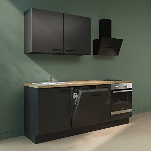 WALLERS Cuisine noire de 210 cm de long, lave-vaisselle intégré, four encastré, hotte, évier et mitigeur, plaque de cuisson 2 foyers (Plan de travail couleur chêne, Évier à gauche)