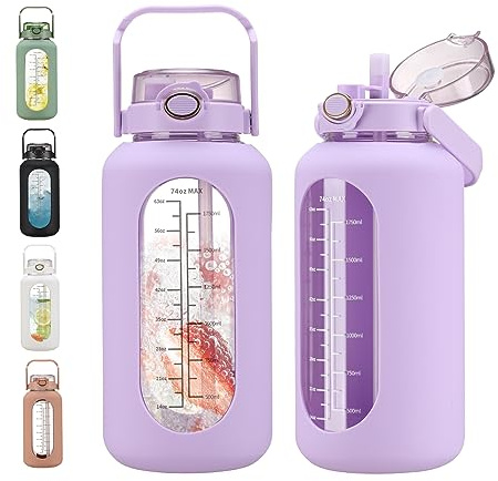 chunmo 74 oz Glass Water Bolttles with Straw Large Motivational Water Bottle with Time Marker Sports Water Bottles with Silicone Sleeve and Handle Lid 2.2L Water Jug for Gym Workout