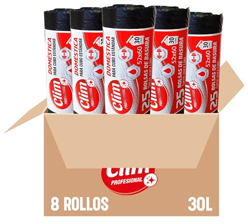 Clim Profesional 200 Bolsas de Basura Domésticas para Papelera de Oficinas. Capacidad 30 Litros y Medida 52x60 cm. Sistema Antigoteo, sin Autocierre. Caja con 8 rollos de 25 uds