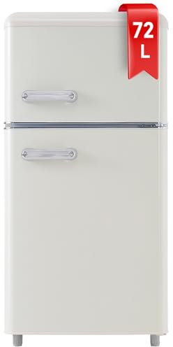 DRIXNO Retro-Kühlschrank, kühlschrank klein mit gefrierfach, Mini Kühlschrank Weiß, 72 Liter Gesamtvolumen, mit 21 Liter Gefriervolumen, 120 kWh/Jahr, LED-Licht.
