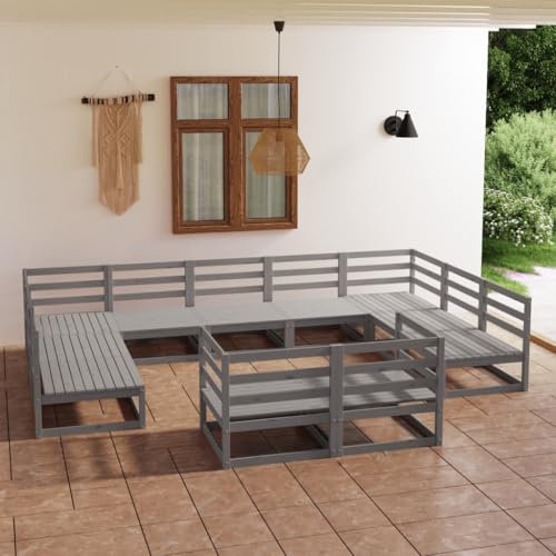 KATERYY 11-TLG. Garten-Lounge-Set Massivholz Kiefer,Graues Loungesofa aus Kiefernholz für den Garten: Entspannen, Schlafen, Geselligkeit