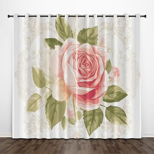 CEDNXOER Blackout Curtains Bedroom,Watercolor Floral Super Soft Thermal Insulated Curtains,Pink Rose Blackout Eyelet Blackout Curtains for Living Room 46x54 Inch White 2 Panels