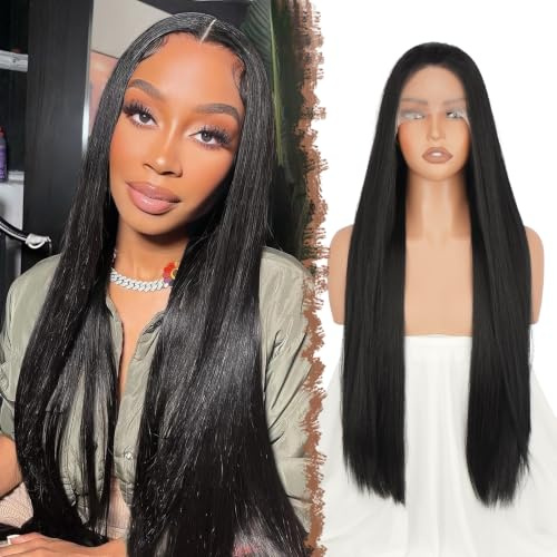 FESHFEN Lace Front Perücke Schwarz - Lange Glatt Perücken für Damen Natürliche Synthetik Haar Wigs Gerade Spitzenfront Haarperücke für Tägliche Karneval, 75 cm
