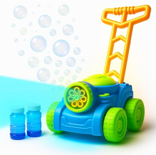 Toyana Kids Bubble Lawn Mower Toy, Lights & Music Automatic Bubble Machine, Push Along Bubbles Blower with 2 Bottles Bubble Concentrate Solution Garden Activity for Children 3+ Years