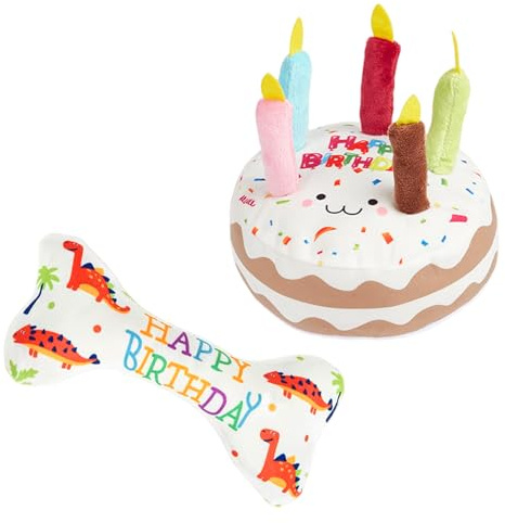 Ziyonix 2 Pièces Jouet d'anniversaire en Peluche pour Chien, Gateau Anniversaire Chien avec Bougies, Gâteau d'anniversaire en Peluche Doux et Grinçant et Jouets en os pour Animaux de Compagnie