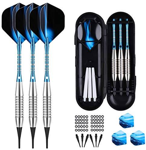 sanfeng Dartpfeile mit kunststoffspitze für elektronische dartscheibe 3 Stück, 18 Gramm E Dartpfeile Softdarts (16 Gramm Dart Pfeile), 6 Blau Shafts 6 Flights 50 Spitzen 50 Anti-Lose Gummiringe