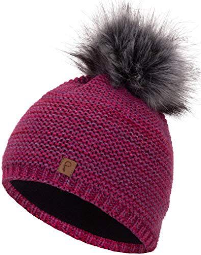 Faera Wintermütze Mütze Damen warm gefüttert Kunstfell Bommel Bommelmütze Fleecefutter Winter Strickmütze Beanie Mütze 31, Farbe:Lila