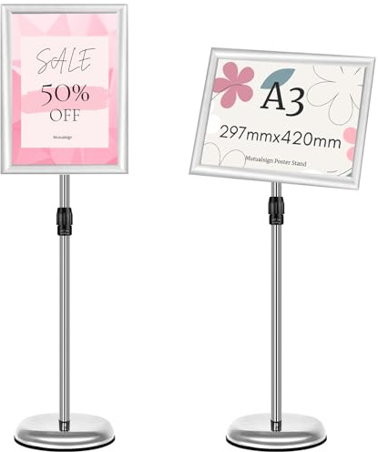 Mutualsign A3 Supporto Espositore Regolabile Poster Supporto da Pavimento Segno Avviso del Supporto, Il Porta Poster in Alluminio può Sostituire Rapidamente i Poster（Argento）