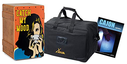 XDrum Design Series Cajon Catch my mood Set inkl. Tasche + Schule | Designer-Cajon mit Pop Art-Aufdruck, Integrierter Bass Port, Korpus: HPL (High Pressure Laminate), Durchsetzungsstarker Bass