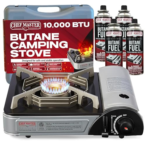 Chef Master 90011 Butane Countertop Stove w/ 4 x 8oz. Butane Fuel Canister COMBO, Portable Camping Stove 10,000 BTU Output Brass Burner, Portable Stoves for Immediate Use, Outdoor Cooking, Emergencies