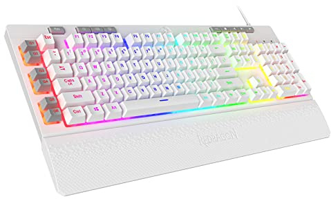Redragon K512 Shiva amerikansk layout, vitt membran-speltangentbord, RGB-belysning, programmerbara G-tangenter, multimediakontroller, integrerat handledsstöd, QWERTY-layout