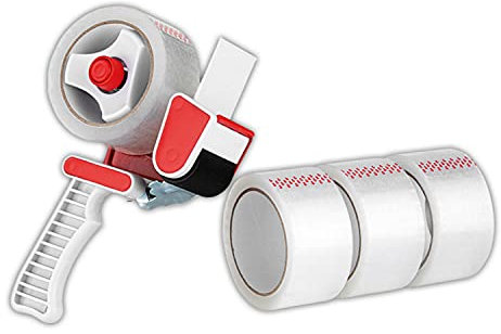 Wuerfel24 Paketbandabroller Set 5-teilig - Paketbandabroller + 4 Rollen Paketband 50mm breit ca. 66m lang klar