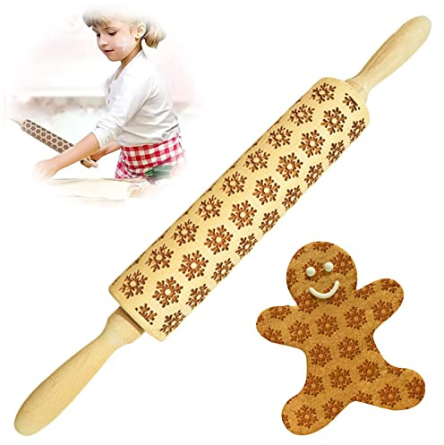 Mattarello con Decorazioni, Rolling Pin per Biscotti e Pizza Utensile Legno, Cucina in Rilievo Legno Inciso Forma Mattarello Natale, Goffratura Mattarello, Pane Pasta Stampi (C 35×4.5)