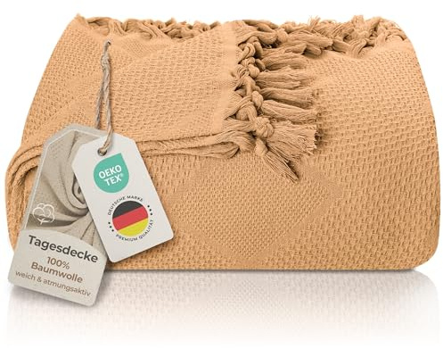 LAYNENBURG Premium Tagesdecke mit handgeknüpften Fransen - 100% Baumwolle - 180 x 220 cm - Waffelpique Sommerdecke - Baumwolldecke als Bett-Überwurf, Couch-Überwurf & Sofa-Decke (Beige)