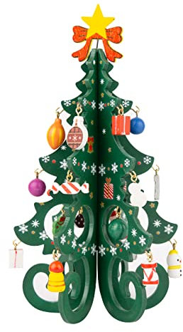 TAIYOU 3D Albero Natale Tavola Legno Mini Albero con 24 Ciondoli Natale Ornamenti Natalizi Ciondolo per Bambini Regalo Casa Ufficio Negozio Finestra Decor - Verde