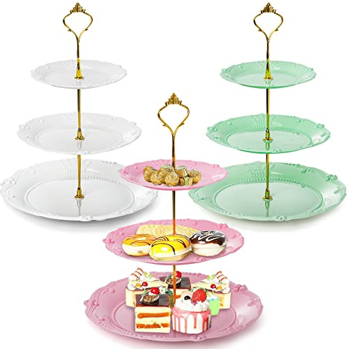 Fasmov 3 Pack 3 Tier Plastic Cupcake Stand, Dessert Plates Cake Fruit Candy Display Tower Reusable Pastry Platter for Wedding Birthday Baby Shower Tea Party Decorations - White Pink Green
