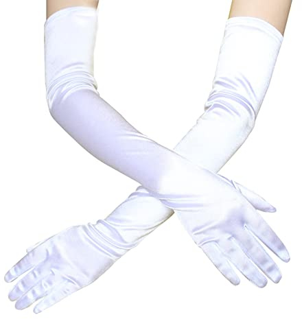 COSFAN Guantes largos de mujer,Guante de raso clásico de ópera,Guantes de novia elásticos,Guantes de estilo años 20 para mujeres fiesta festiva boda Halloween (Blanco)
