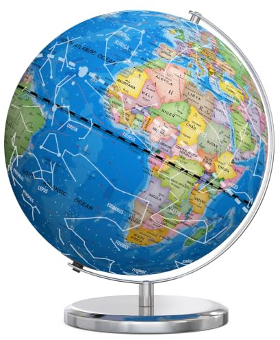 Waldauge 13 Inch Illuminated World Globe, LED Constellation | Heavy Metal Base, Plug-in E14 LED Light, 88 Constellations, Kids Learning Tool, Desk & Classroom Decor