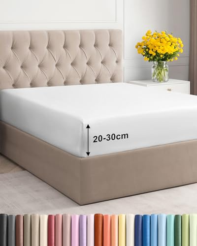 Spannbettlaken 200x200cm Weiß - Extra Tiefes Spannbetttuch für Matratzen & Boxspringbett bis 30cm (12) Höhe - Mikrofaser - Weiche Gebürstete - Knitterfrei, Schrumpf- & Farbbeständig - Oeko-TEX
