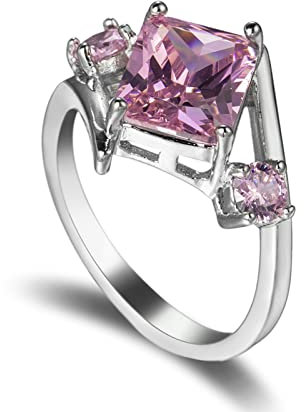 Daesar Damen Ring mit Stein, Ringe Frauen Versilbert Solitär Rosa Zirkonia Hochzeit Ring Verlobung Silber Große 62 (19.7)