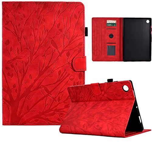 Huawei Mediapad M5 Lite 10 Hülle Vogel&Baum PU Leder Brieftasche Flip Tasche Flip Cover Stand Kartensteckplatz Stifthalter Tablet Schutzhülle für Huawei Mediapad M5 Lite/C5 10.1 Zoll 2018 - Rot