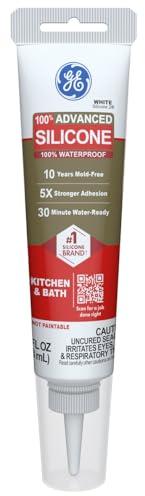 GE Advanced Silicone Caulk for Kitchen & Bathroom, White, 2.8 fl oz Tube, 1 Pack - 100% Waterproof Silicone Sealant, 5X Stronger Adhesion, Shrink & Crack Proof