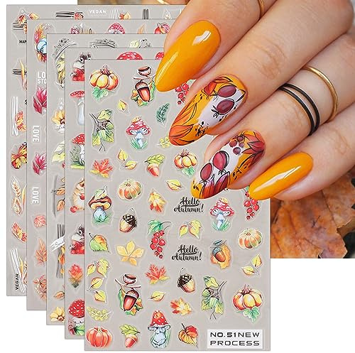 JMEOWIO 6 Sheets Fall Autumn Nail Art Stickers Decals Self-Adhesive Pumpkin Maple Leaf Thanksgiving Nail Supplies Nail Art Design Decoration Accessories