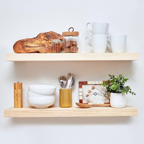 Homeforia Rustikales Bauernhaus Schweberegal, Badezimmer-Holzregale für die Wandmontage, dickes industrielles Küchenholzregal – 76,2 x 16,5 x 4,4 cm – 2er-Set – unlackiert – keine Flecken – DIY