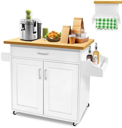 LZQ Küchenwagen Küchenschrank mit Arbeitsplatte Bewegliche Kücheninsel Küchen Wagen Rollbar, Rollwagen küche, servierwagen 115x36x90cm Weiß