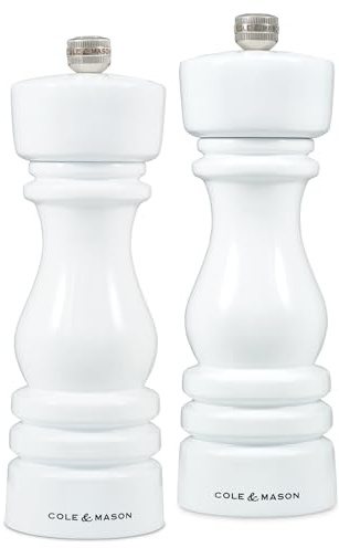 Cole & Mason H233095 London Salz und Pfeffermühle, 2er Set Manuell mit Einstellbar, Holz, Weiß, 18cm, Precision+ mit Keramikmahlwerk und Carbonmahlwerk, Gewürzmühle, Mühlen für Salz, Pfeffer