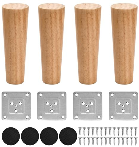 4 Pcs Holz Sofafüße 12cm 15cm, Massivholz Möbelbeine Schrankfüße, Ersatz Holz Tischbeine Rund Möbelfüße Tischfuß mit Montageplatten Schrauben Filzgleiter, Holzfüße für Möbel Tisch Stühle Sofa (15cm)