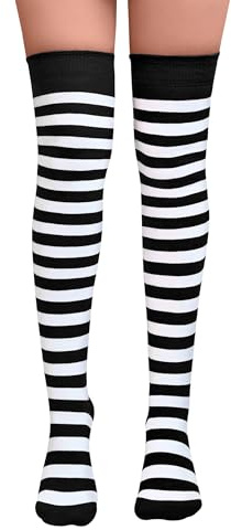 NuJake Striped Over The Knee Socks Fancy Dress Cosplay Girls UK Size 4-5.5 (Cotton Blend, Black & White)